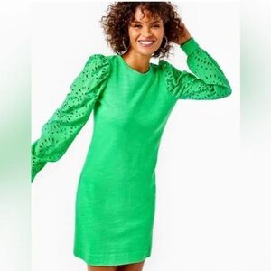 Lilly Pulitzer Vibrant Green Long Sleeve Jasons Dress with Eyelet Sleeves Size L